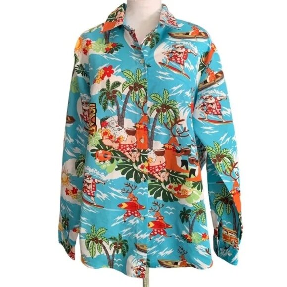 Santa Christmas Holiday Hawaiian Festive Graphic Button Down Shirt - Picture 1 of 11